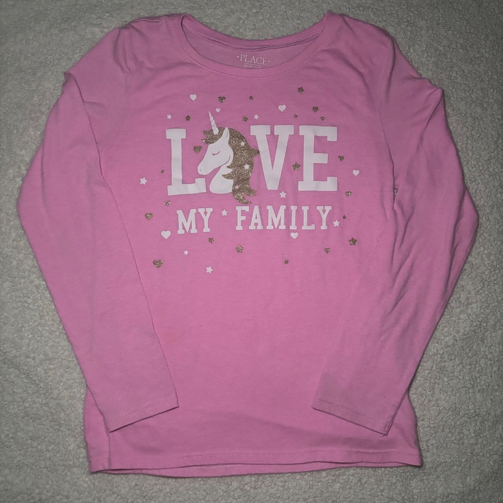 The Childrens Place Girls Pink Unicorn Love My Family Long Sleeve Tee Size M 7/8